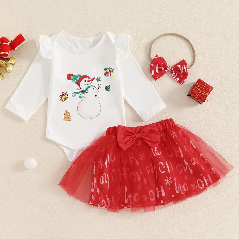 Baby Girls Christmas Outfits with Bow Headband Snowman Pattern Crew Neck Long Sleeve Fall Infant Romper and Skirt Sets