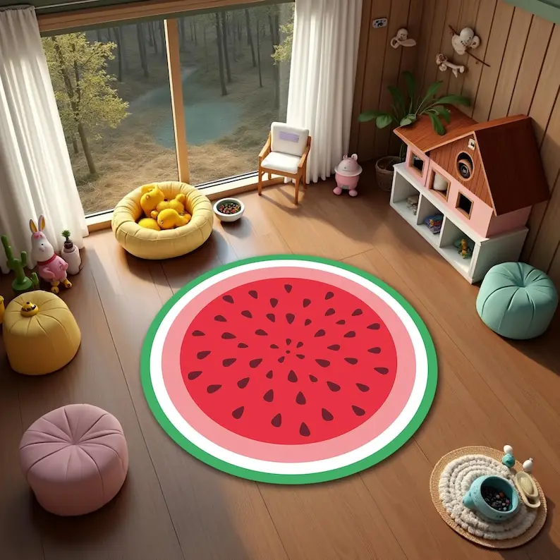 Cute Watermelon Fruit Round Rug, Nursery Baby Room Play Mat, Non-Slip Kids Playroom Carpet, Shower Decor Gift for Children Decor