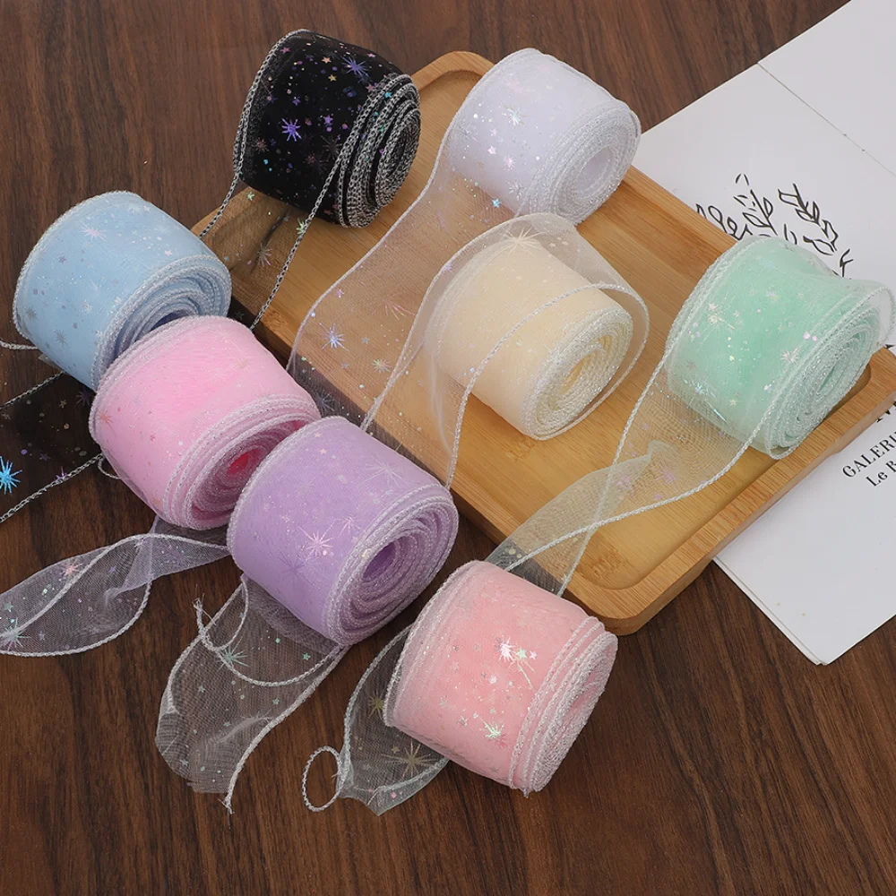

10 size/roll Colorful Starry Sky Yarn Silver Edge Gift Flower Packaging Ribbon DIY Bow or Gift Wrapping Handmade Party Decor