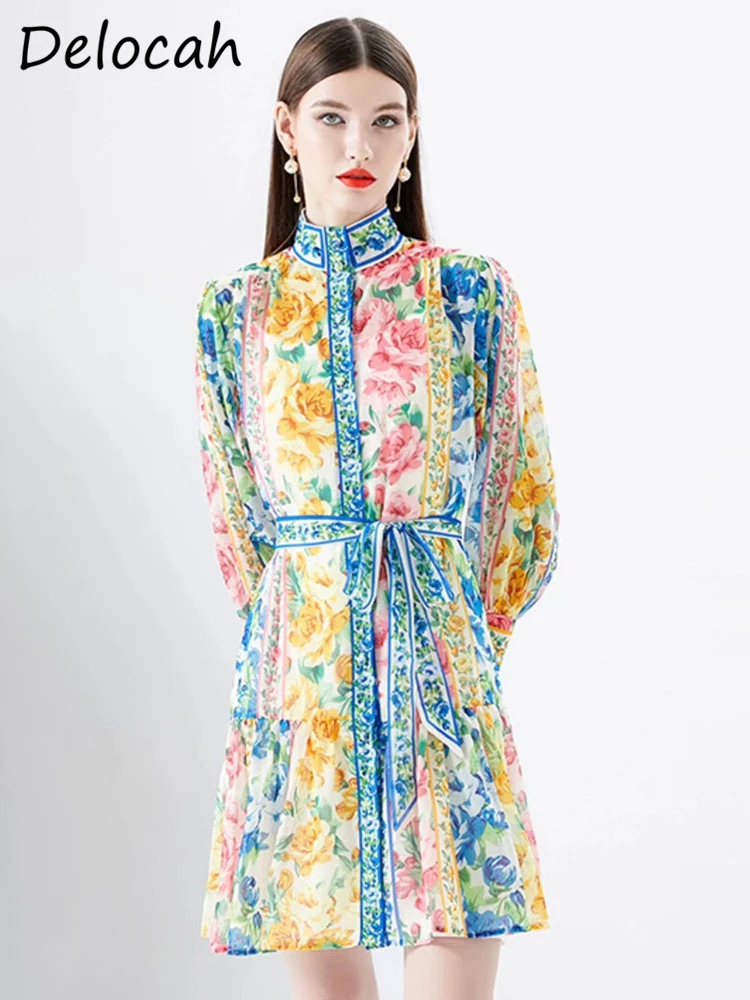 

Delocah High Quality Summer Women Fashion Runway Holiday Midi Dress Lantern Sleeve Bow Belt Multicolor Ditsy Print Shirt Dresses