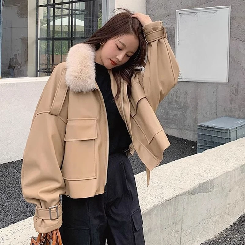 

2025 Winter Fall Fashion Artifical Fox Fur Thick Warm Pu Leather Jacket Coat , Woman Black Khaki Jackets Coats