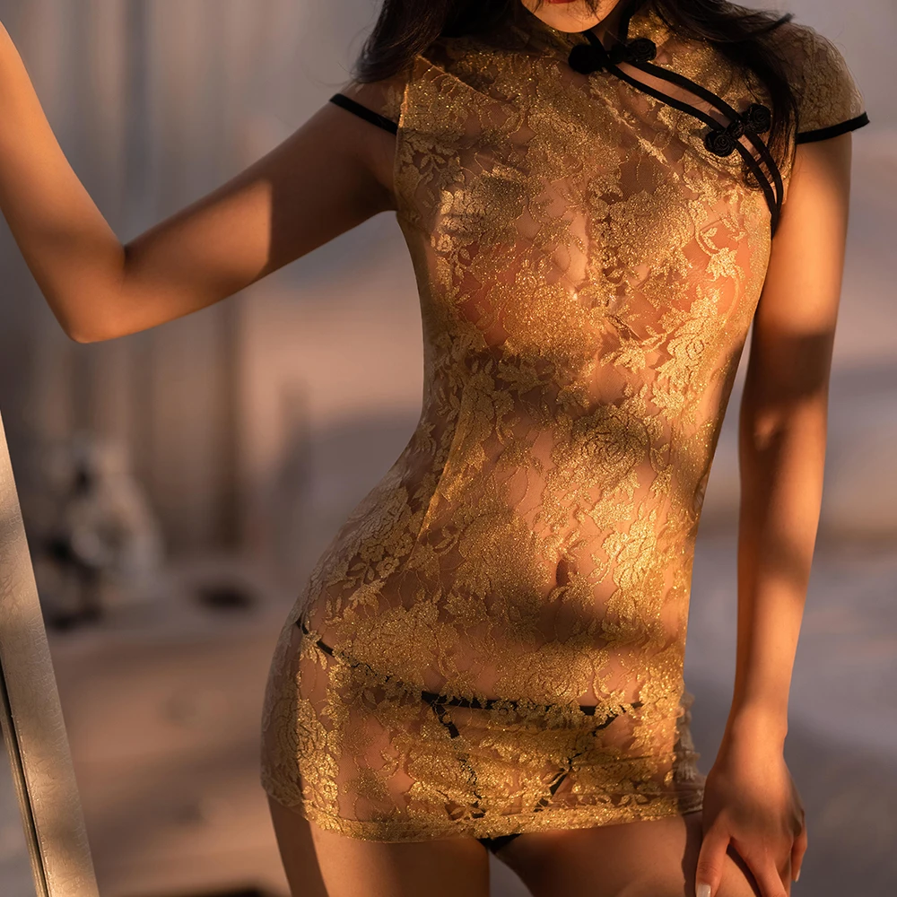 Прозрачный Cheongsam в стиле ретро, пижамы с золотой розой, сетчатая женская сексуальная ночная рубашка, женское нижнее белье, экзотическая униформа, искушение