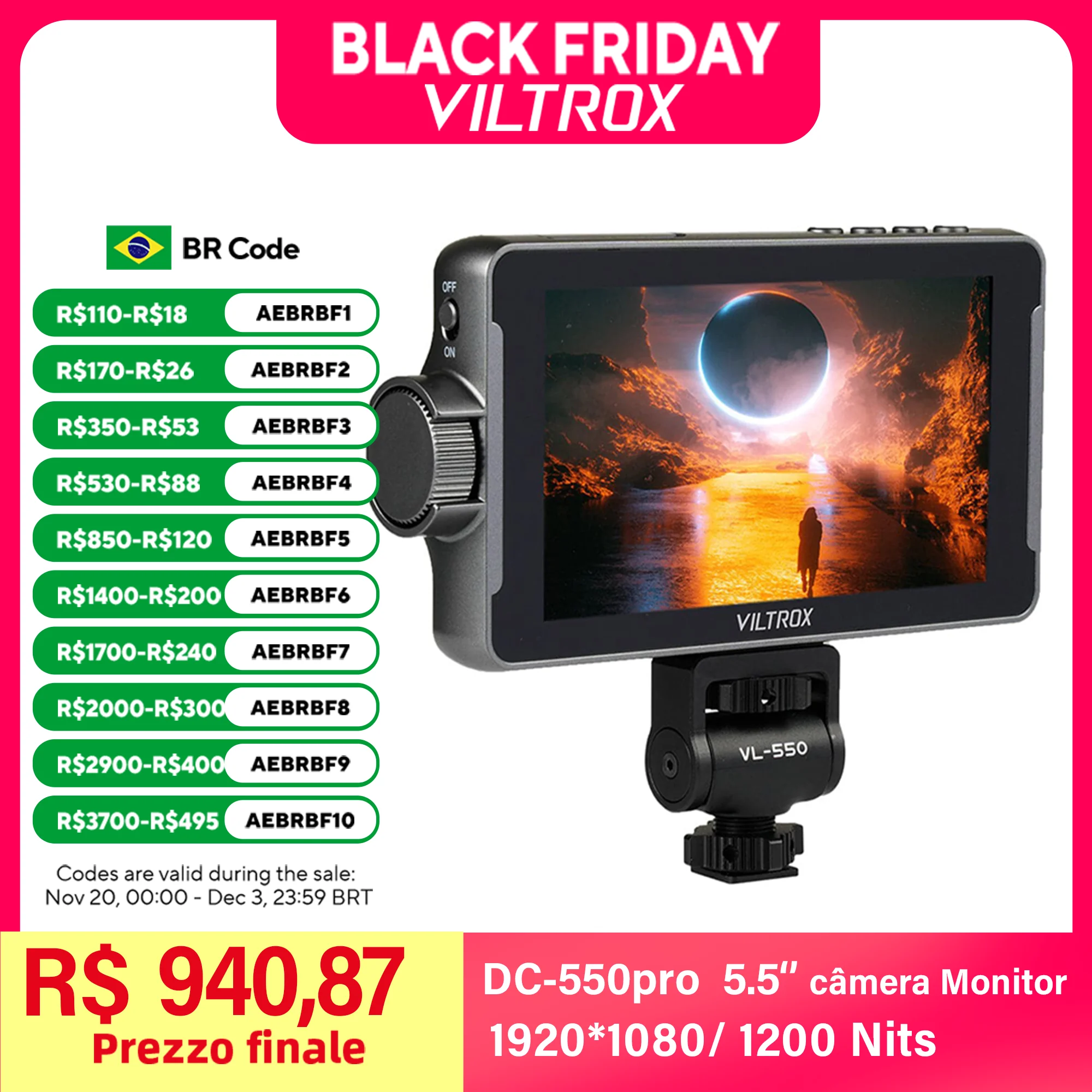 VILTROX DC-550 5.5 pouces Profismail.com caméra Studio moniteur 4K 30Hz HDMI écran tactile champ 3D LUT directeur moniteur 1920x1080