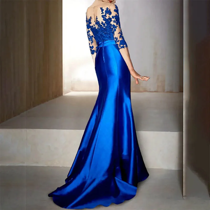 

Elegant Modern Blue Satin Mother Of The Bride Dresses Mermaid Ruffles Asymmetrical Lace Groom Mother Dresses