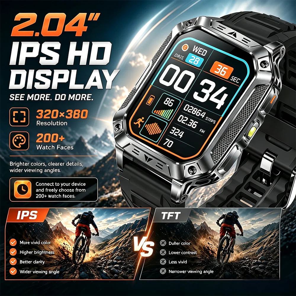 Newly Durable 1400mAh Large Battery Smart Watch Men 2.04 HD Screen IP68K Waterproof LED Flashlight Sports BT Call Smart Bracele