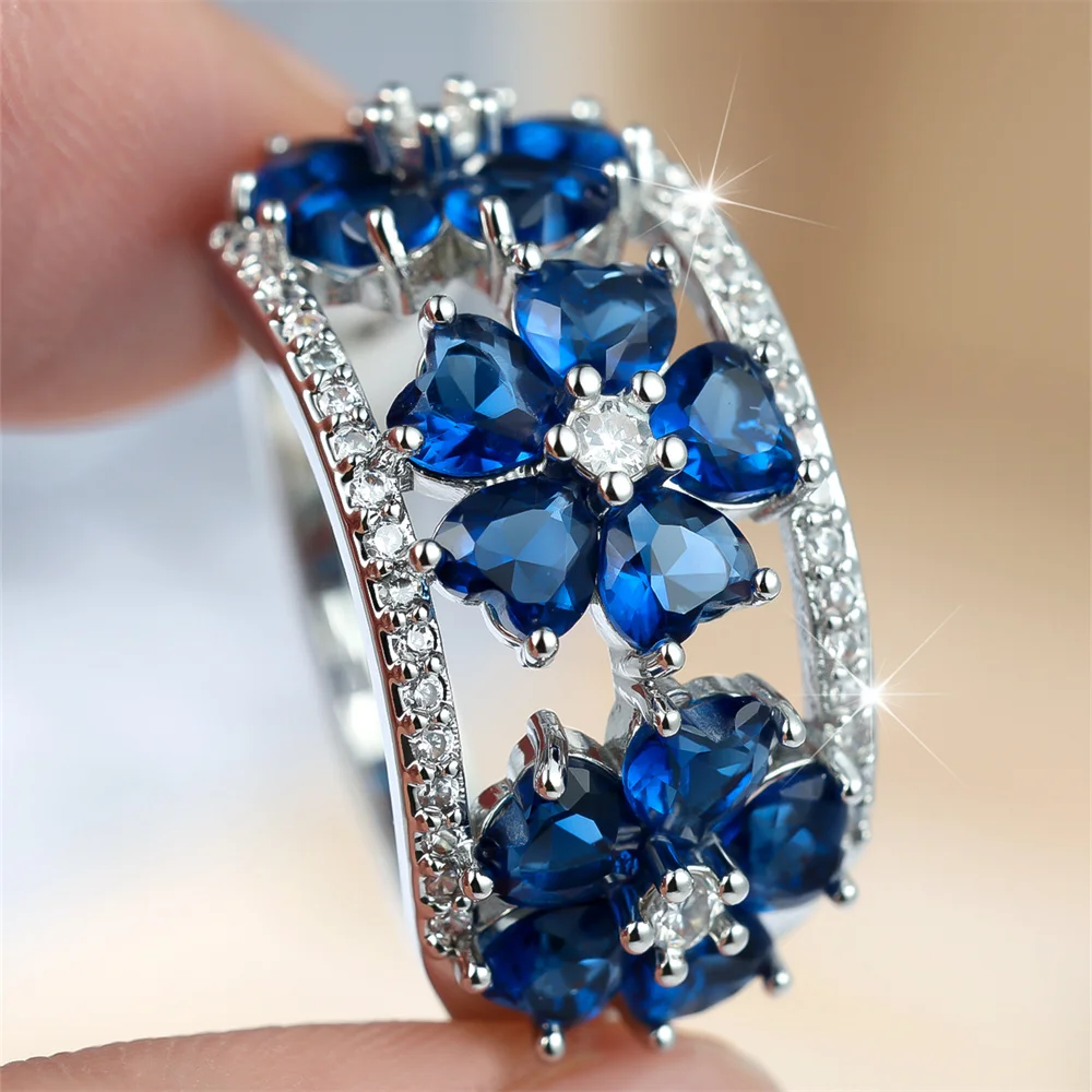 Blue Crystal Zircon Love Heart Stone Flower Rings For Women Vintage Hollow Silver Color Ring Wedding Jewelry Mother's Day Gifts