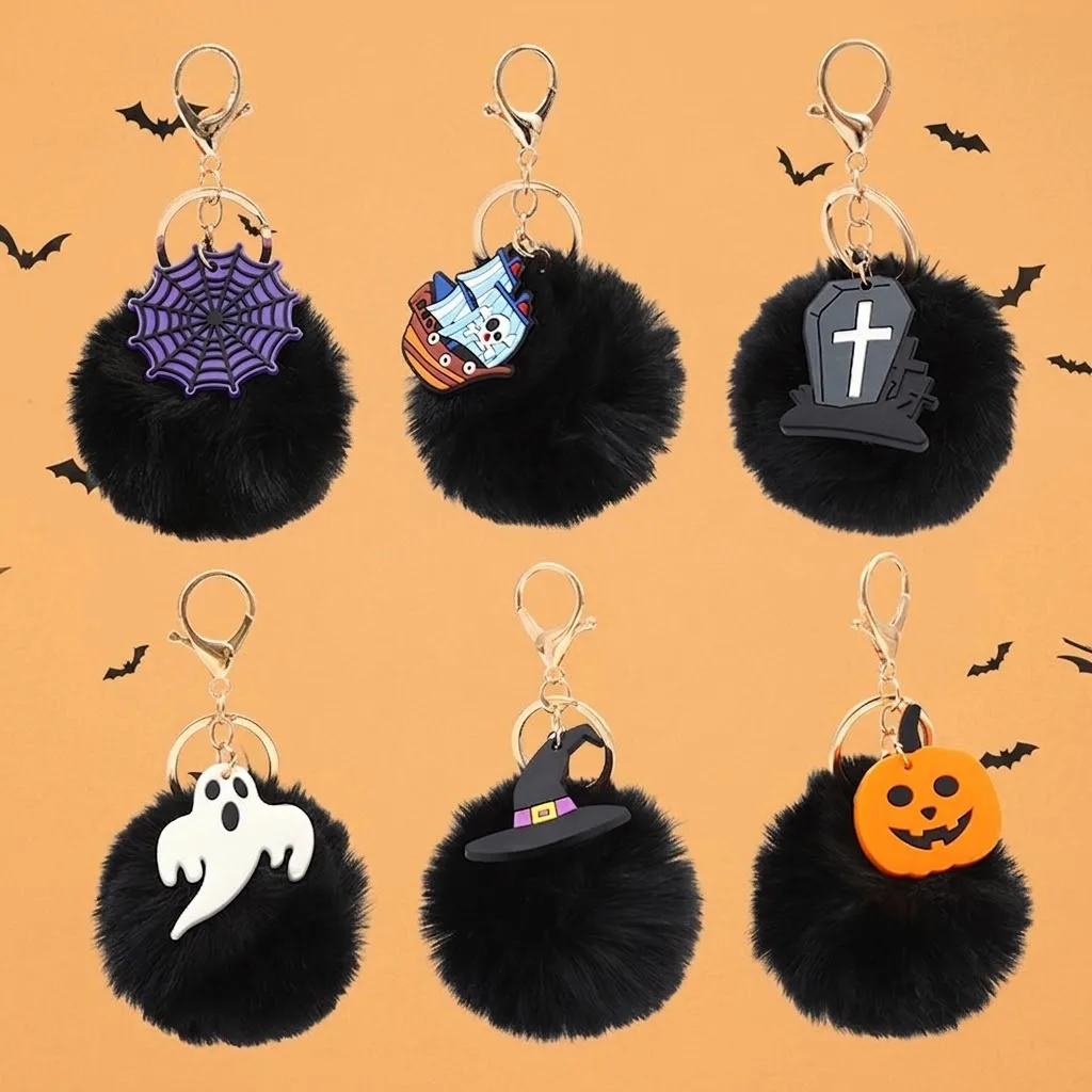 Halloween Black Plush Ball Keychain Spider Web Pirate Ship Key Ring Fluffy Pom Pom Bag Charm Gothic Backpack Accessories Gifts