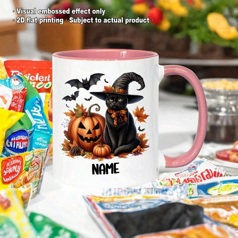 Personalized Halloween Themed Ceramic Mug Custom Name 11oz Coffee Cup Featuring Black Cat and Jack O Lantern Design 4