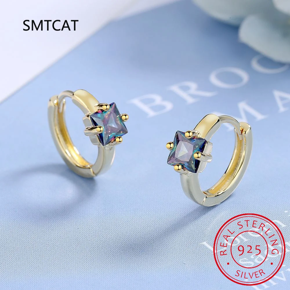 Pendientes de aro de Plata de Ley 925 con cuarzo místico de fuego arcoíris Natural cuadrado de corte princesa para mujer joyería de piedras preciosas coloridas
