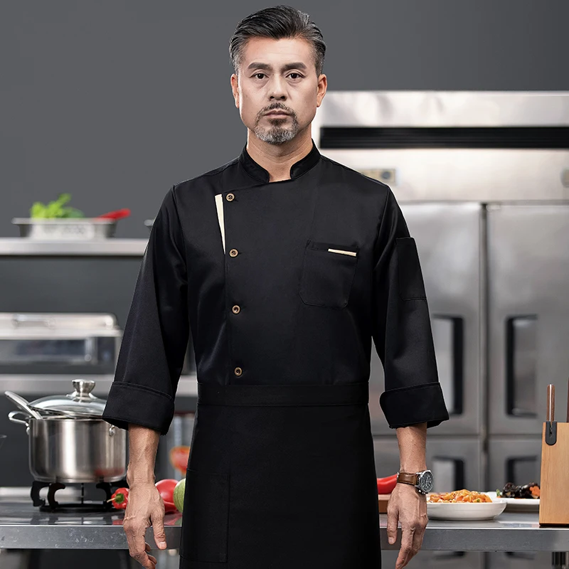 Uniformes de Chef negros para hombre, traje de Hotel, abrigo de Chef de manga larga para restaurante, ropa de cocina, camisas, chaqueta, ropa de cocinero, cafetería