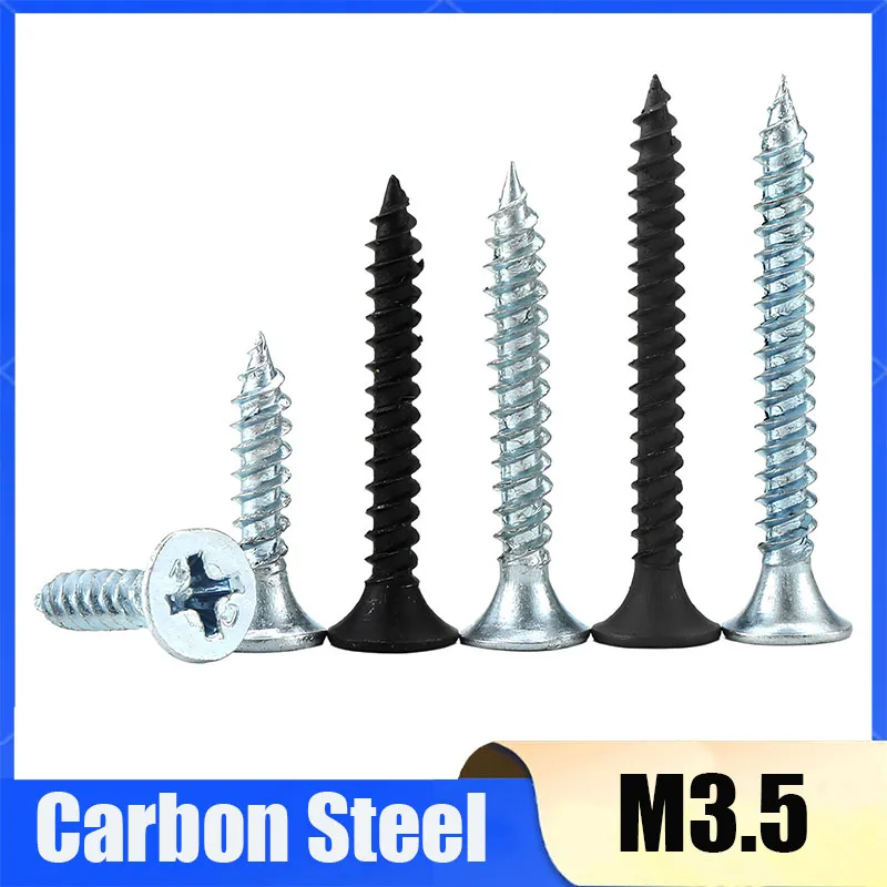100Pcs M3.5 Carbon Steel Drywall Screws Coarse Thread Phillips Drive Bugle Head Black Wood Screw For DIY Home Repair Industrial