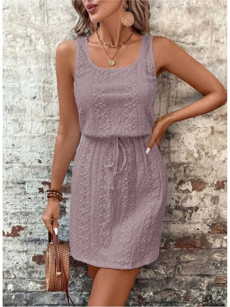 Summer Sleeveless Mini Dress Women Casual A-Line Drawstring Pocket Beach Holiday Dresses For Women Short Dress White Sundress