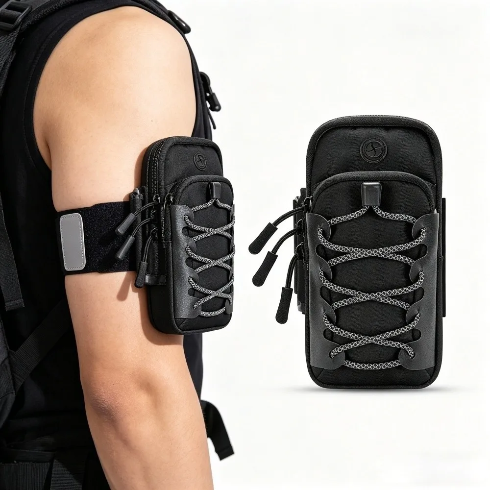 Reflective Cord Trim Sports Arm Bag Adjustable Strap Water-Resistant Fabric Wrist Pouch Compact Shape Lightweight Phone Armband