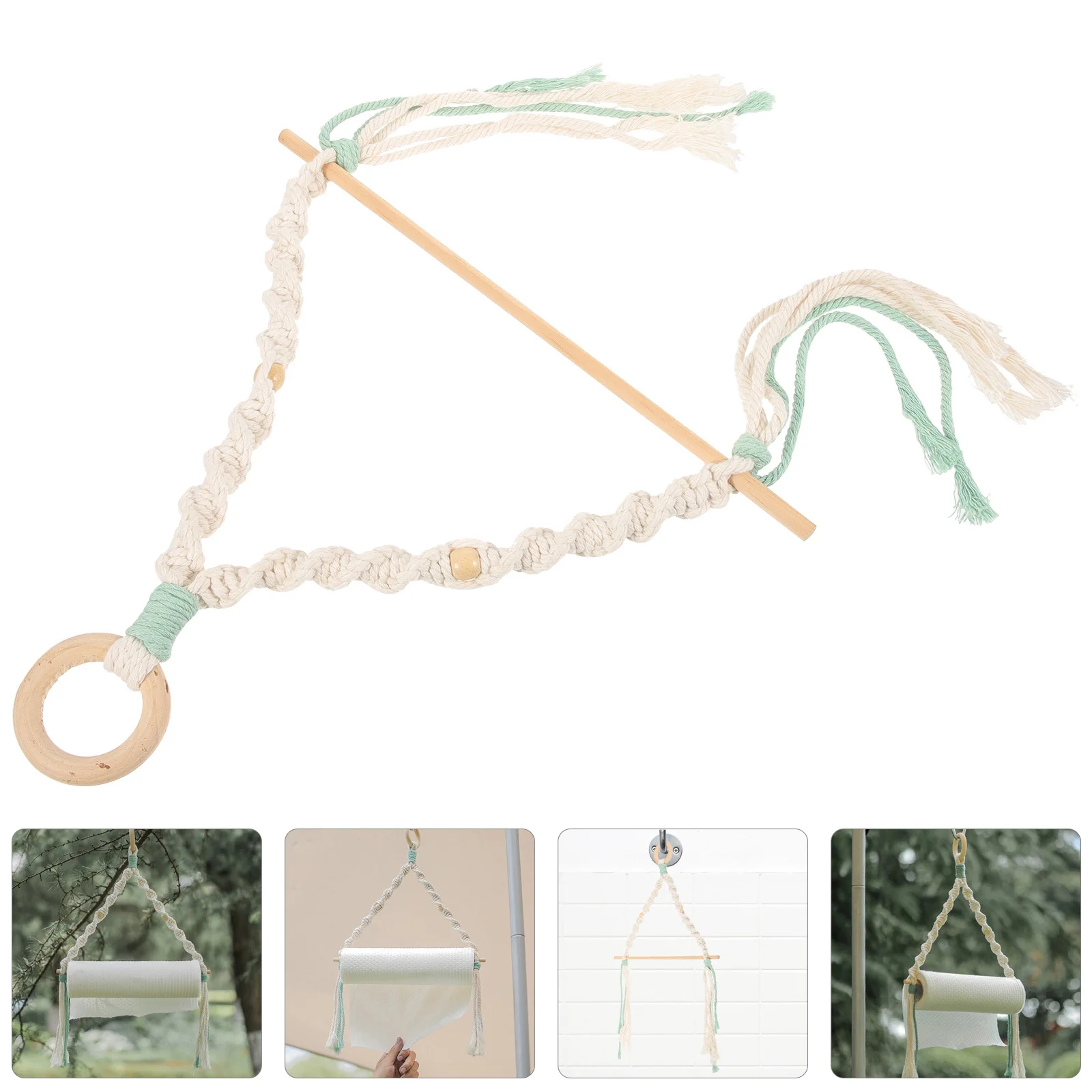 1pcs Wall Mounted Toilet Paper Holder Rustic Wood Rope Design Space Saving Bathroom Kitchen Rack Vintage Roll Paper Stand Hemp