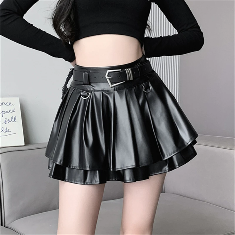 ارتفاع الخصر مطوي تنورة صغيرة المرأة المضادة للضوء المشي تنورة بولي Leather الجلود التنانير القصيرة مع حزام بطانة الكورية الفتيات تنورة رقص