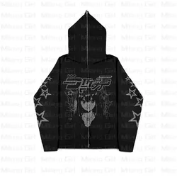 Zip up Hoodie Y2K anime Stars rhinestones graphic Print Sweatshirt Sport Gothic Long Sleeve Oversized hoodie jacket Men's coat