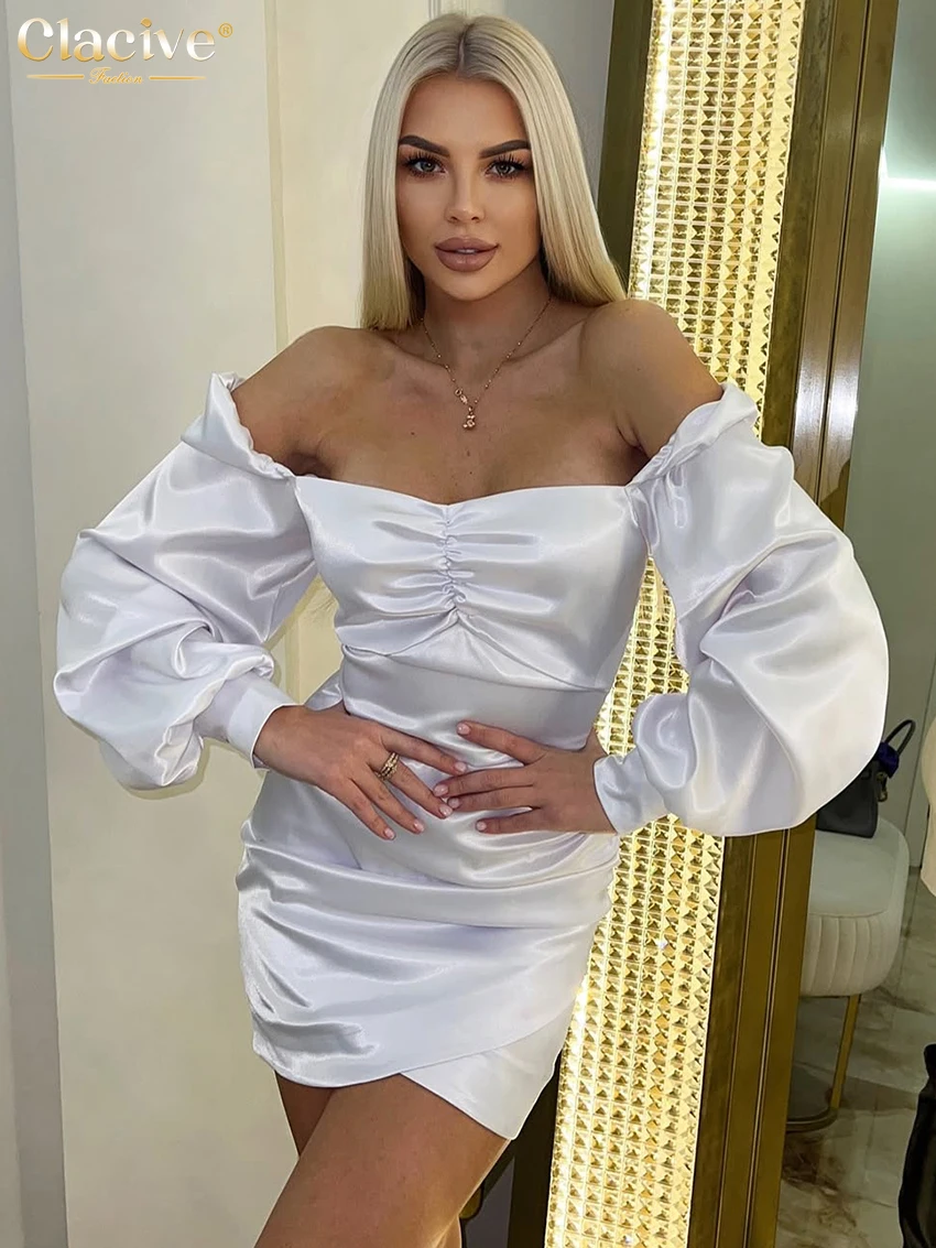 

Clacive Sexy Slim White Satin Women Dress 2026 Bodycon Square Collar Long Sleeve Mini Dresses Elegant Classic Solid Female Dress