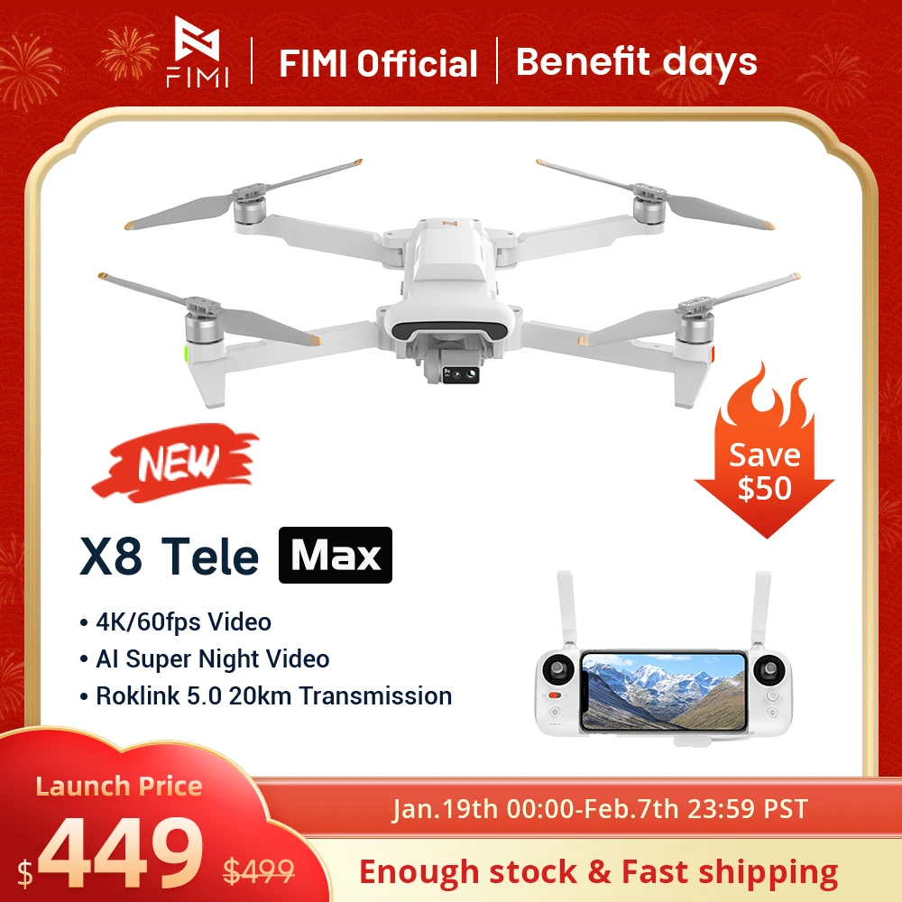 FIMI X8 Tele Max new drone Wide-Angle Tele Camera 30x Hybrid Zoom 20KM range 4K 60fps 3-axis Gimbal GPS AI Super Night Video