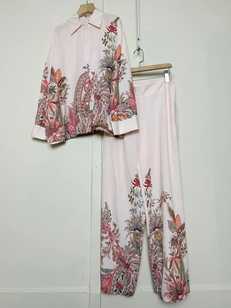 Designer retro geometric print lapel long-sleeved shirt two-piece 2026 spring women's dress+loose wide-leg trousers fashion suit