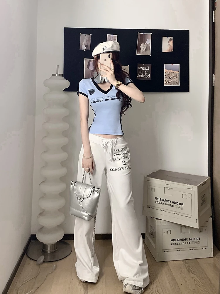 

American Retro Letter Print Loose Straight Leg Casual Pants Women Low Waist Wide Leg Long Trousers INS Sle Summer Jeans