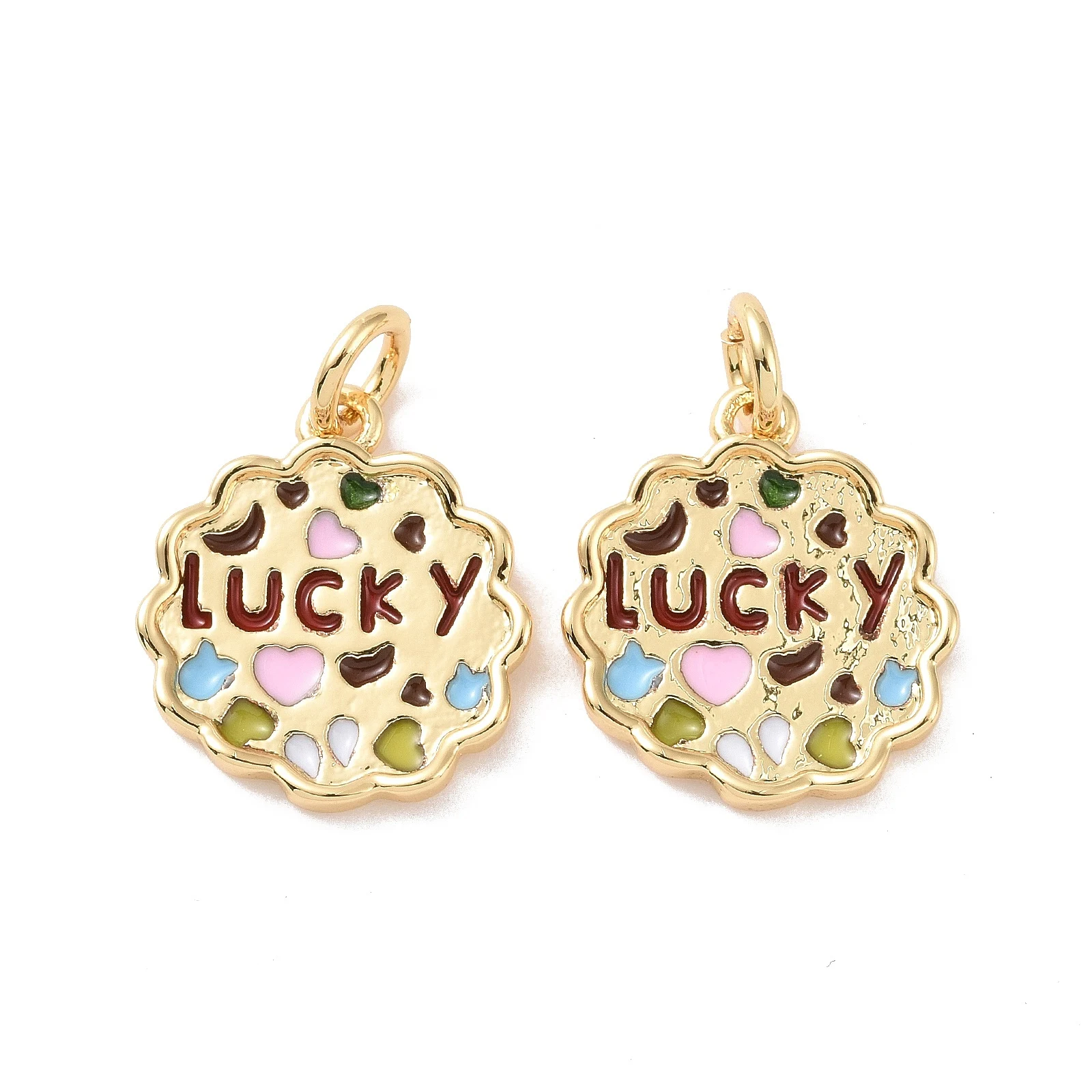 

20pcs Rack Plating Brass Pendants with Enamel and Jump Ring Long-Lasting Plated Flower with Word Lucky for DIY Necklace Jewelry