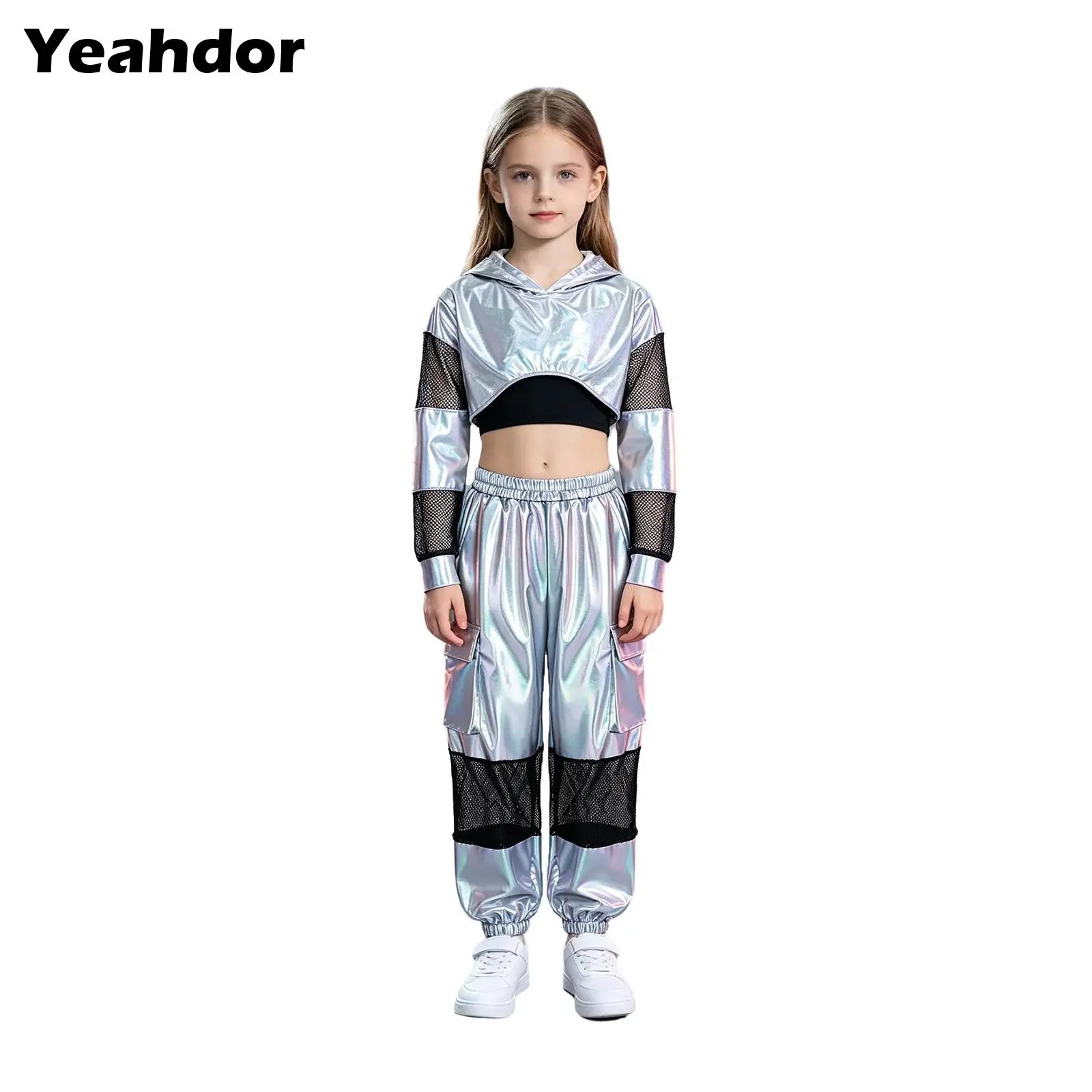 girls-2-piece-metallic-dance-outfit-mesh-patchwork-long-sleeve-hooded-pullover-crop-top-with-pockets-cargo-pants-tracksuit