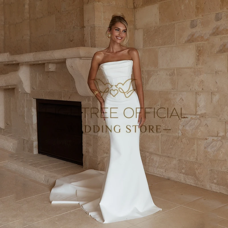 Eightree Boho Mermaid Wedding Dresses Strapless Sleeveless Sweep Train Satin Bridal Dress Simple Wedding Prom Gowns Customized image 2