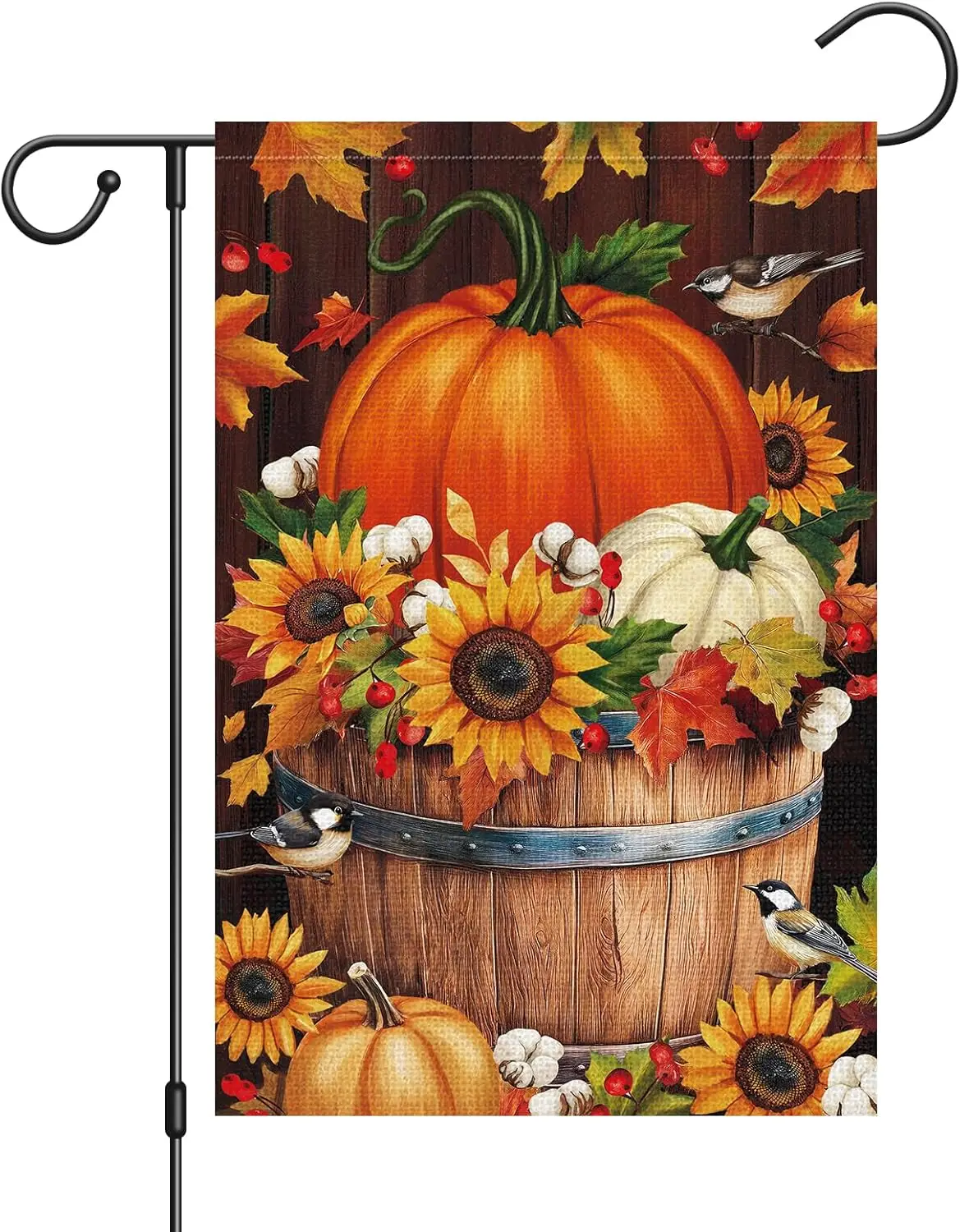 Fall Harvest Garden Flag 12x18 Inch Double Sided Outside Pumpkins Sunflowers Maple Leaves Fall Chickadee Wooden Barrel Yard  SSL