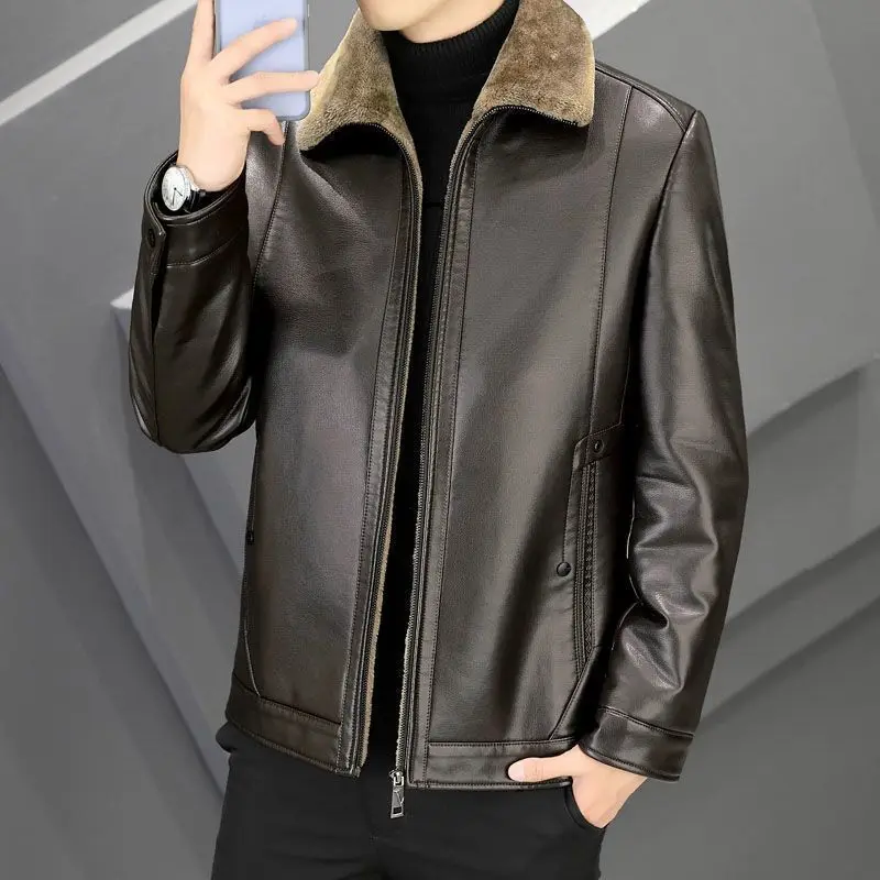 Men's Black Faux Leather Collared Jacket Full Fleece Lined Winter Warm Casual Outerwear 2026