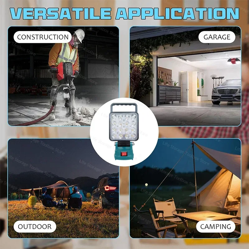 Lampu Led untuk Baterai Makita M18 Lampu Sorot Portabel Tanpa Kabel untuk Pekerjaan Luar Ruangan Memancing Lampu Alat Darurat Genggam Tanpa Baterai