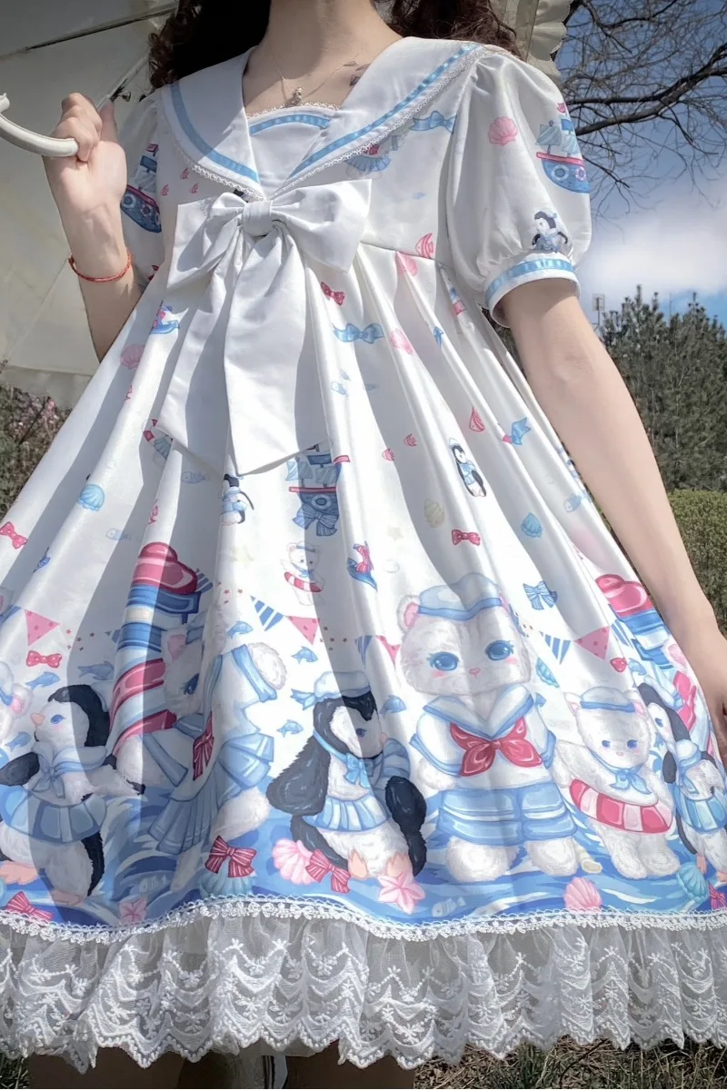 Japanese Lolita Sweet Dress Cat Penguin Cute Print Sailor Collar Navy Vintage Bow Kawaii Girls Preppy Style Middle Ages ロリータ