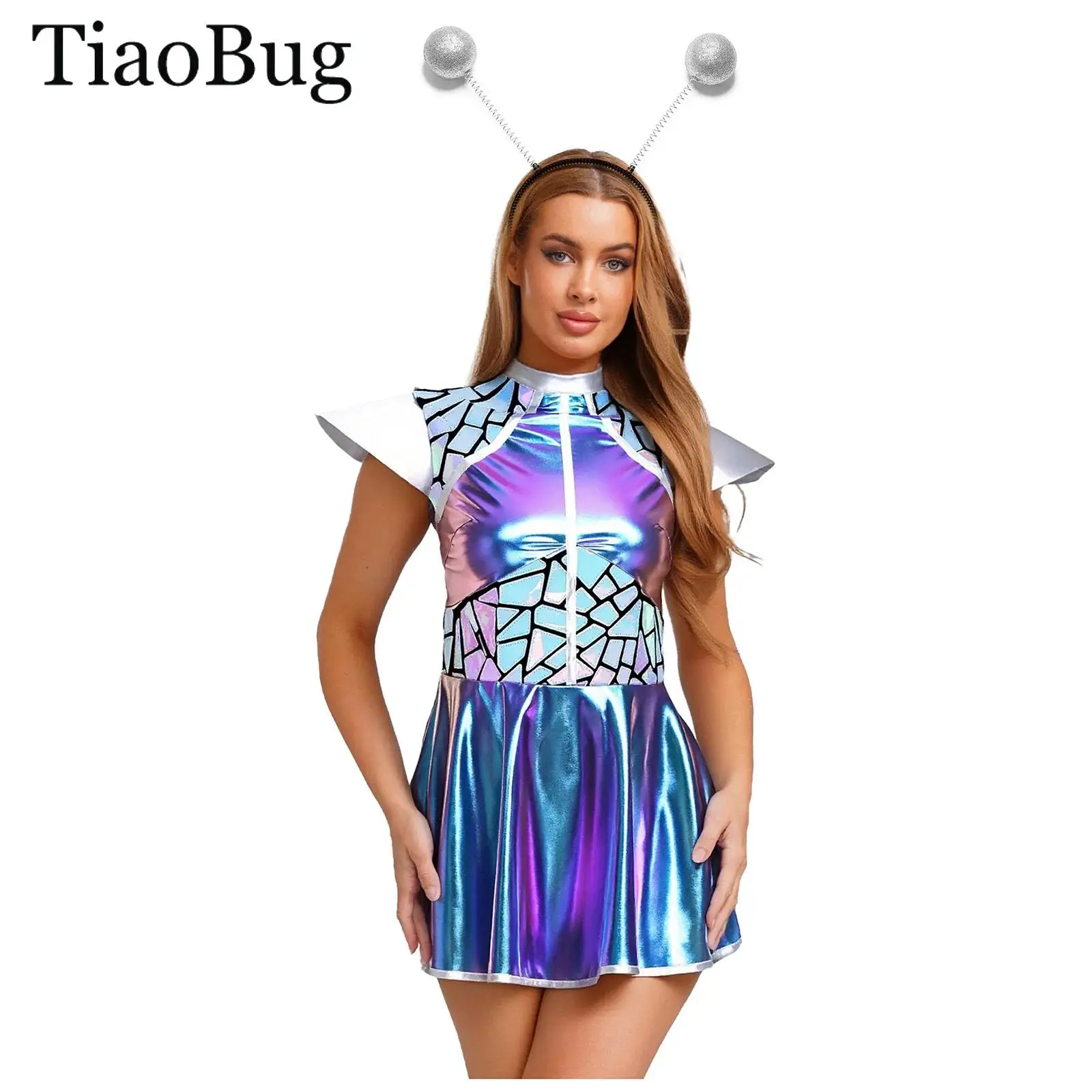 

Women Alien Outerspace Astronaut Cosplay Costume Fly Sleeve Metallic Shiny Sequin A-line Dress with Hair Hoop Halloween Dress Up