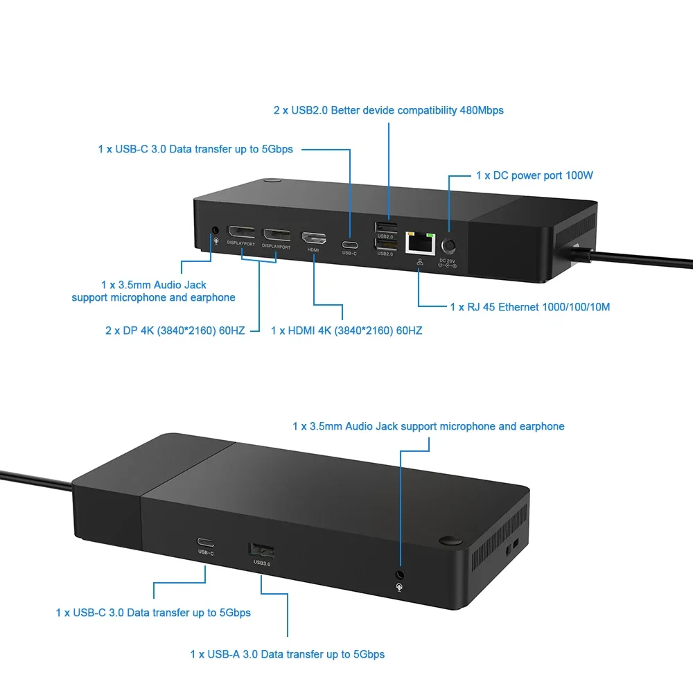 New design Usb 3.0 Hub 5Gbps 4K 60HZ Displays Station Charger Hub Laptop 12 in 1 Usb C Hub