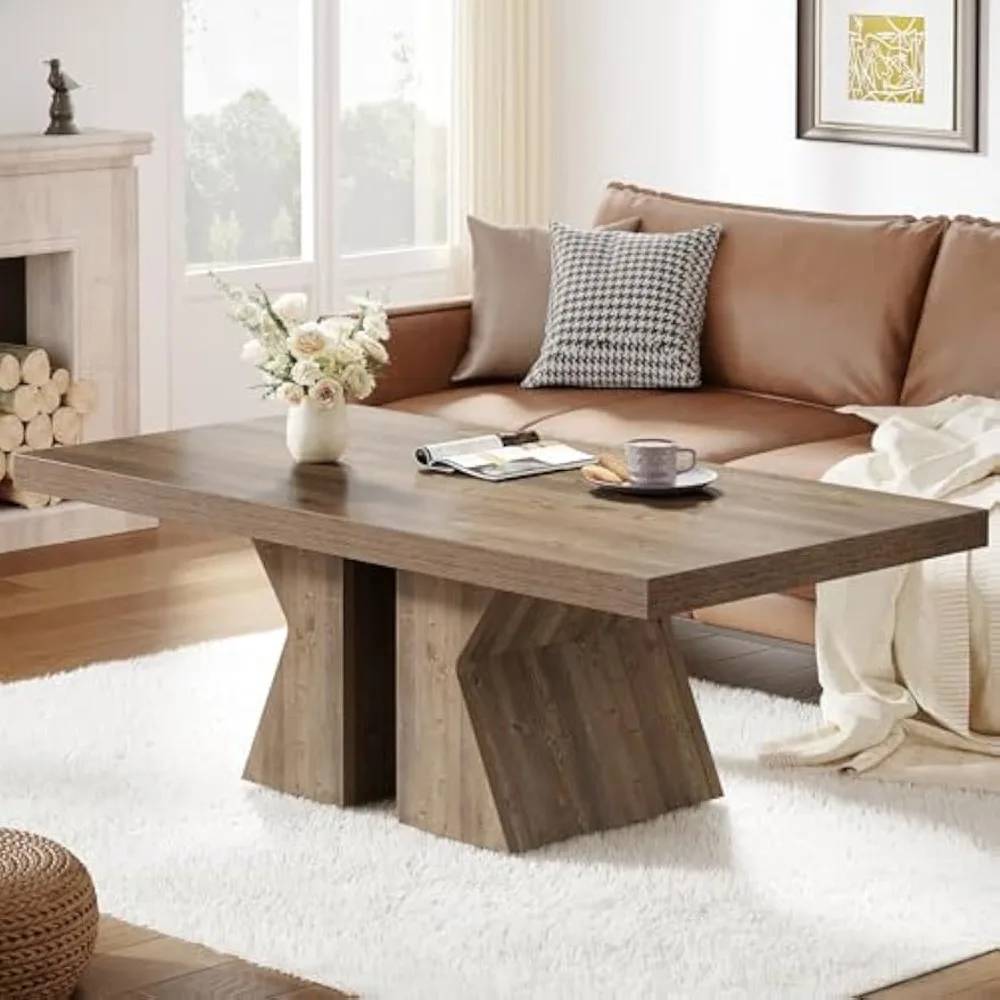Wood Coffee Table, 47-Inch Rectangular Center Table with Thick Wooden Base, Farmhouse Wood-Look Cocktail Table for Li