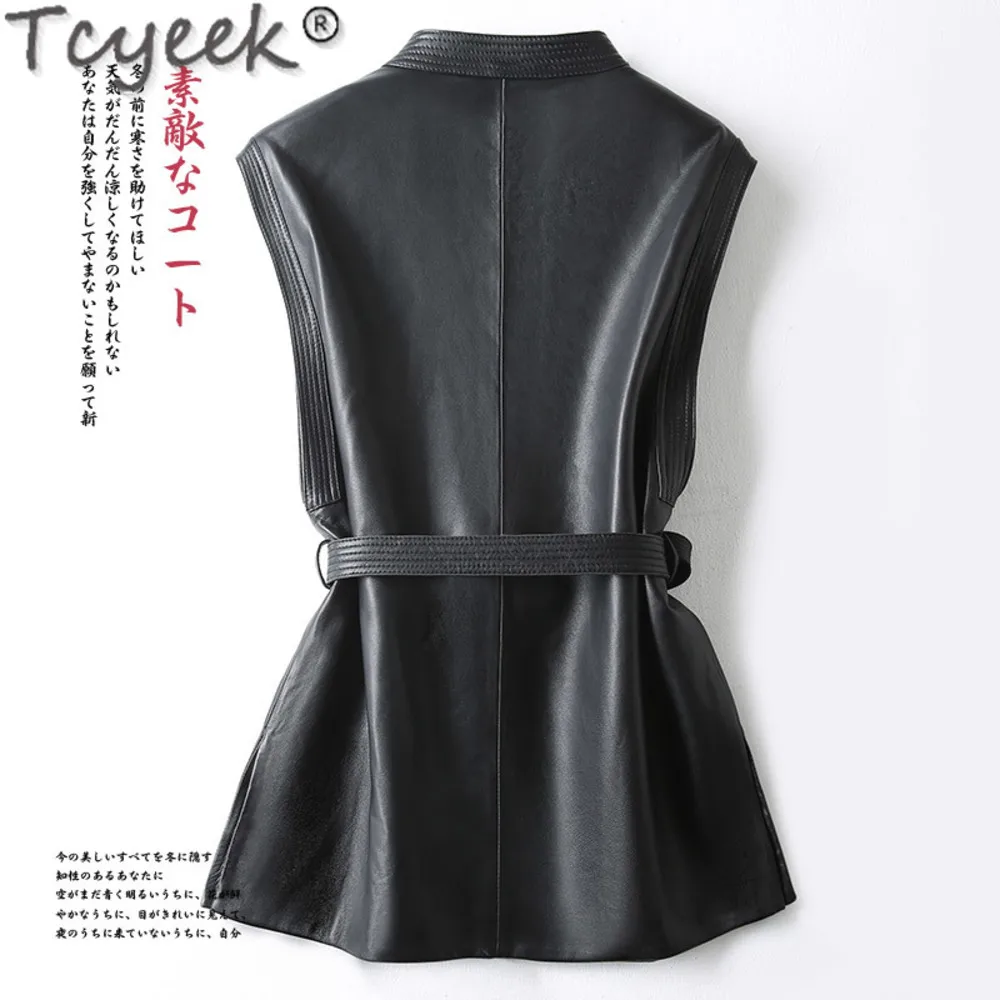 Tcyeek-女性用オートバイレザージャケット,ミドル丈のコート,シープスキンベスト,スリムフィット,本革,婦人服,春,新作,2021