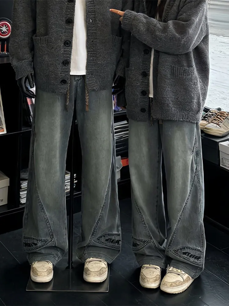 

American High Street Style Worn Denim Jeans Men's Spring Autumn New Trendy Brand Loose Wide Leg Long Pants Machine Embroidery