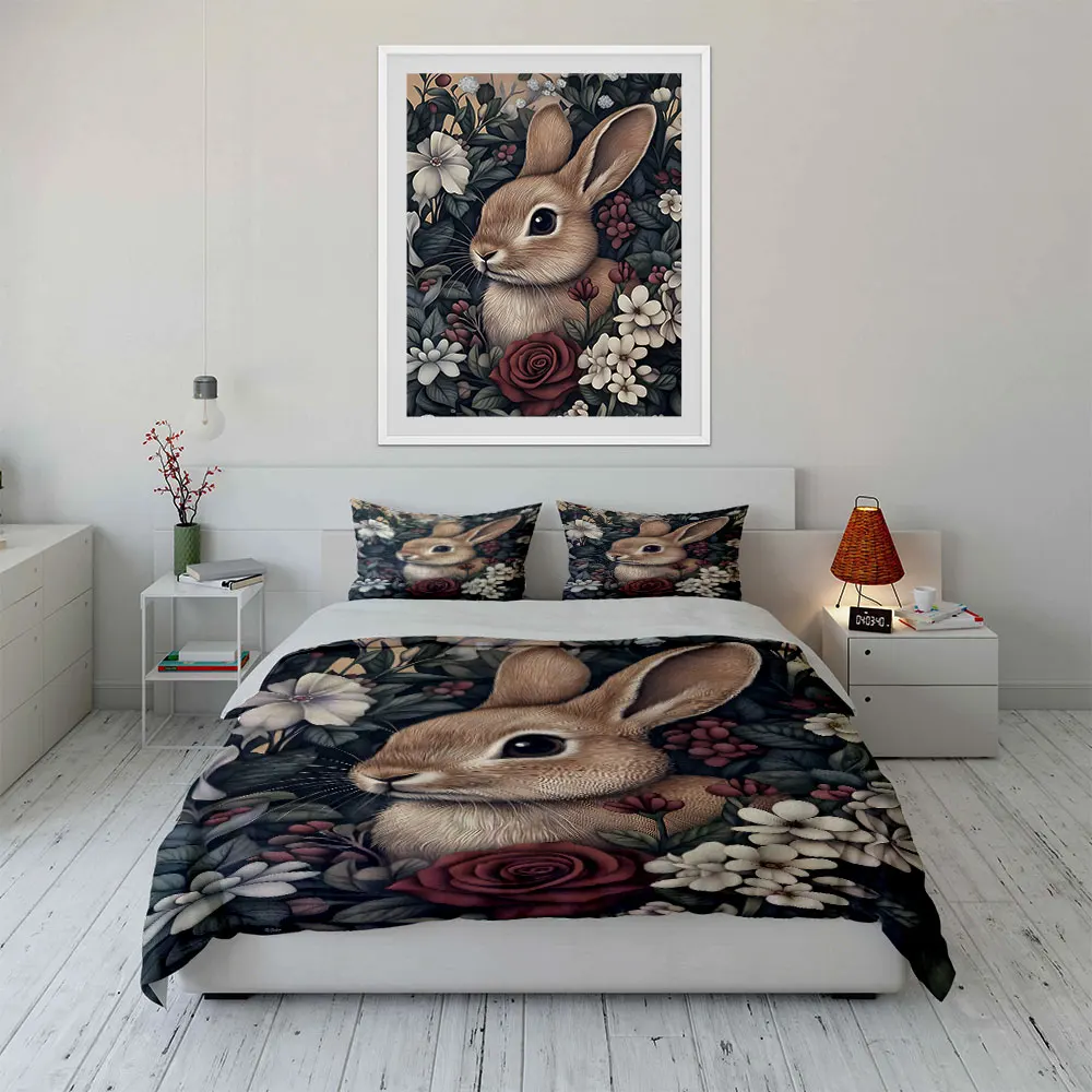 Retro Gentle bunny in blooming flowers Duvet Cover Set with 3D Printing Design Soft Polyester Bedding Set All-Season Comfort