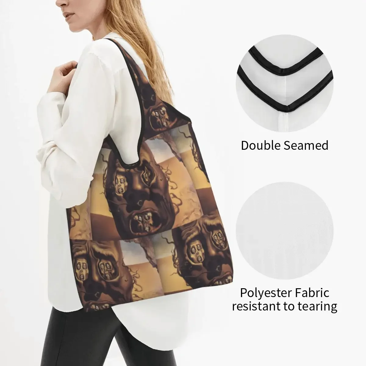 Custom The Face Of War By Salvador Dali Shopping Bag Women Portable Large Capacity Grocery Spanish Artist Tote Shopper Bags