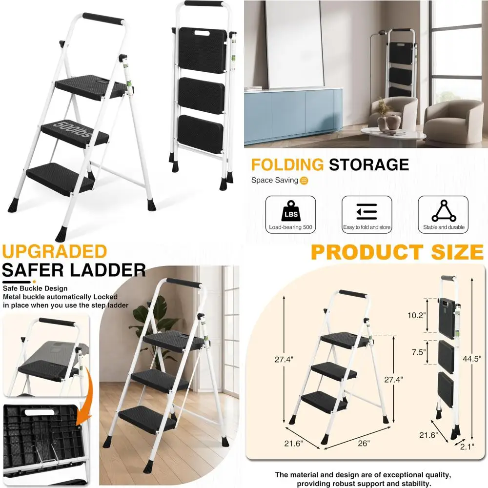 Escalera plegable de acero portátil, pedales antideslizantes anchos, capacidad de 500 libras, empuñadura conveniente, taburete resistente de 3 escalones para el hogar y el apagado
