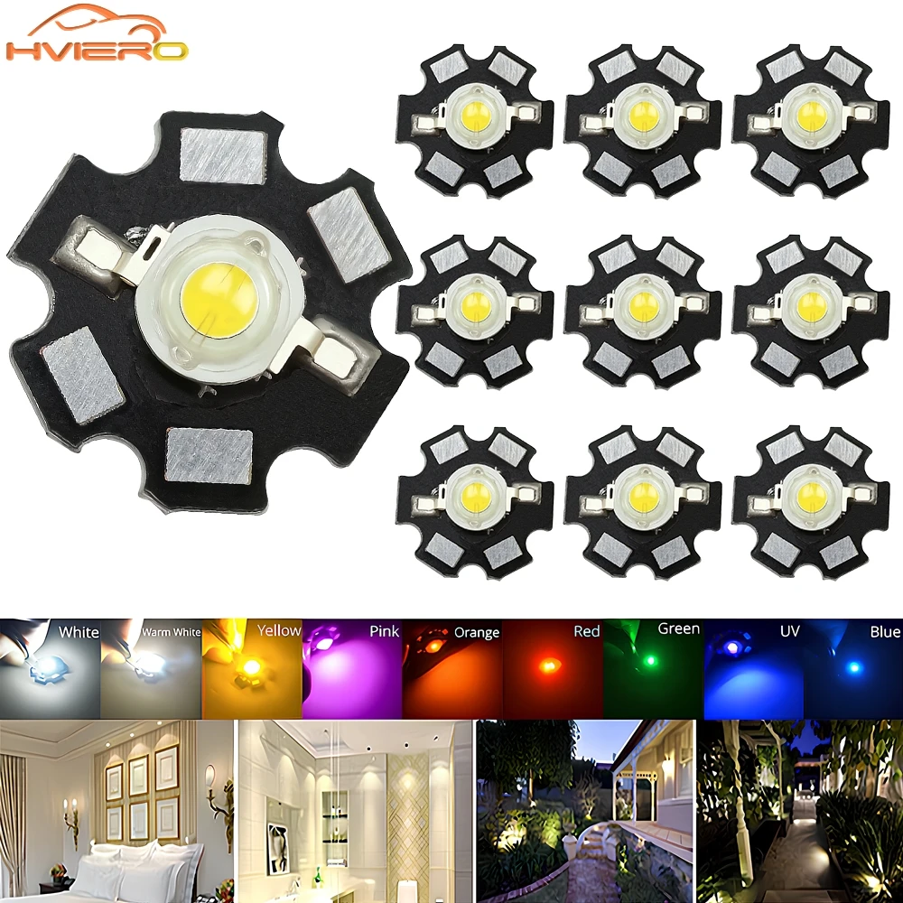 10pcs 1W High Power Chip White Red Blue Green Light Bead Emitter LED Bulb Diodes Lamp Beads with 20mm Star PCB Plate Heatsink