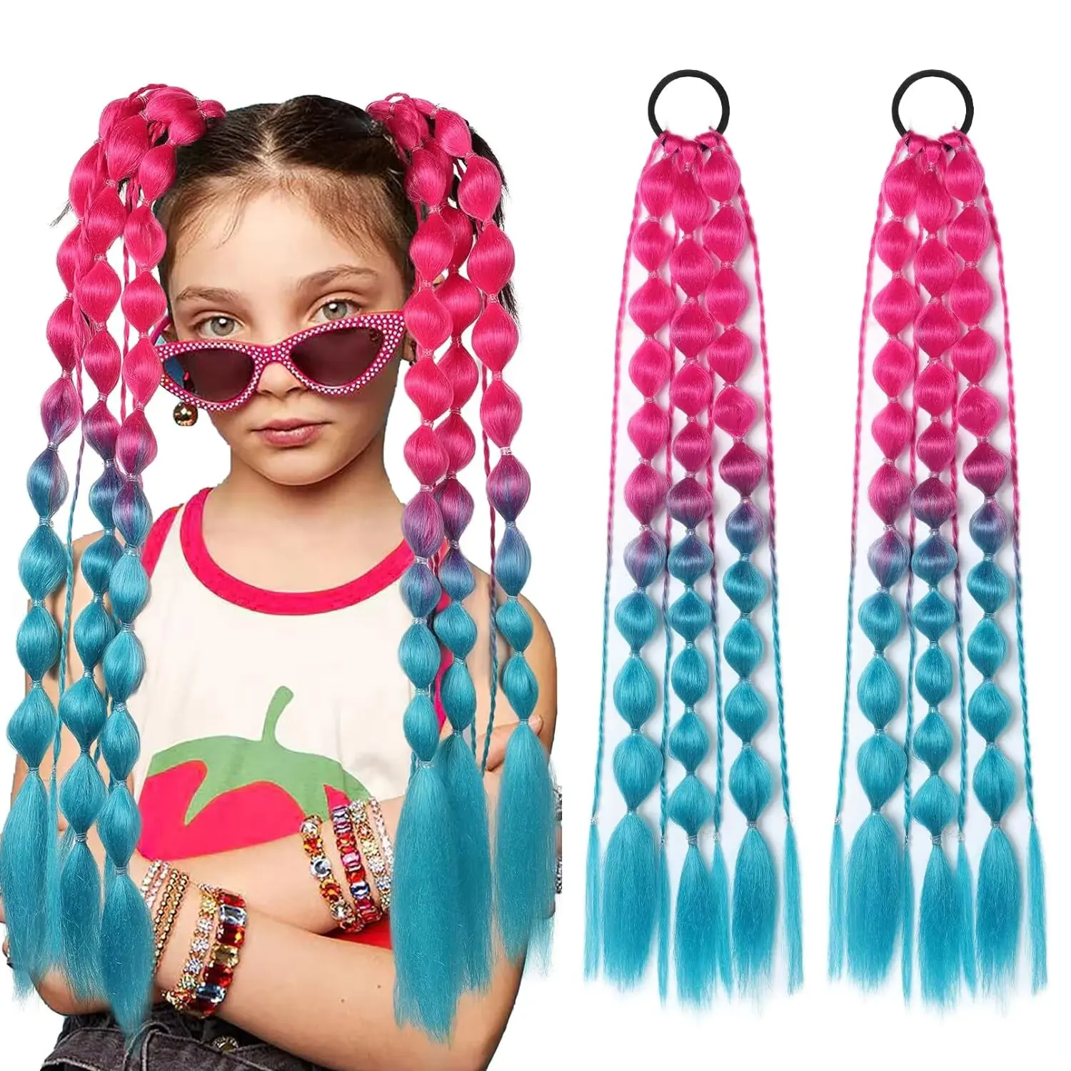 

Synthetic 2Pcs Colored Hair Extensions for Kids Women Girls Bubble Ponytail with Hair Tie Ombre Crazy Hair Day Accessories