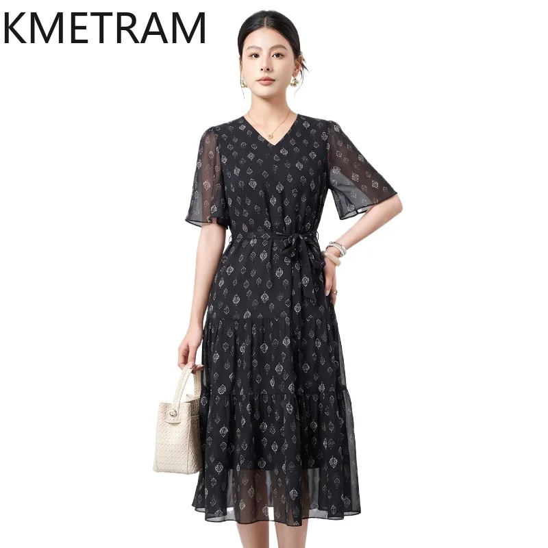 

KMETRAM 100% Real Mulberry Silk Women's Casual Dresses V-Neck Belted Summer Dress Retro Print Midi Dresses Woman Clothes 2026원피스