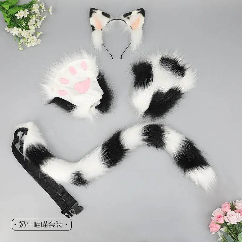 Three-piece set of animal ears and tails cosplay props, hair accessories, animal claws, cat tails, cat claws, cute plush cat set