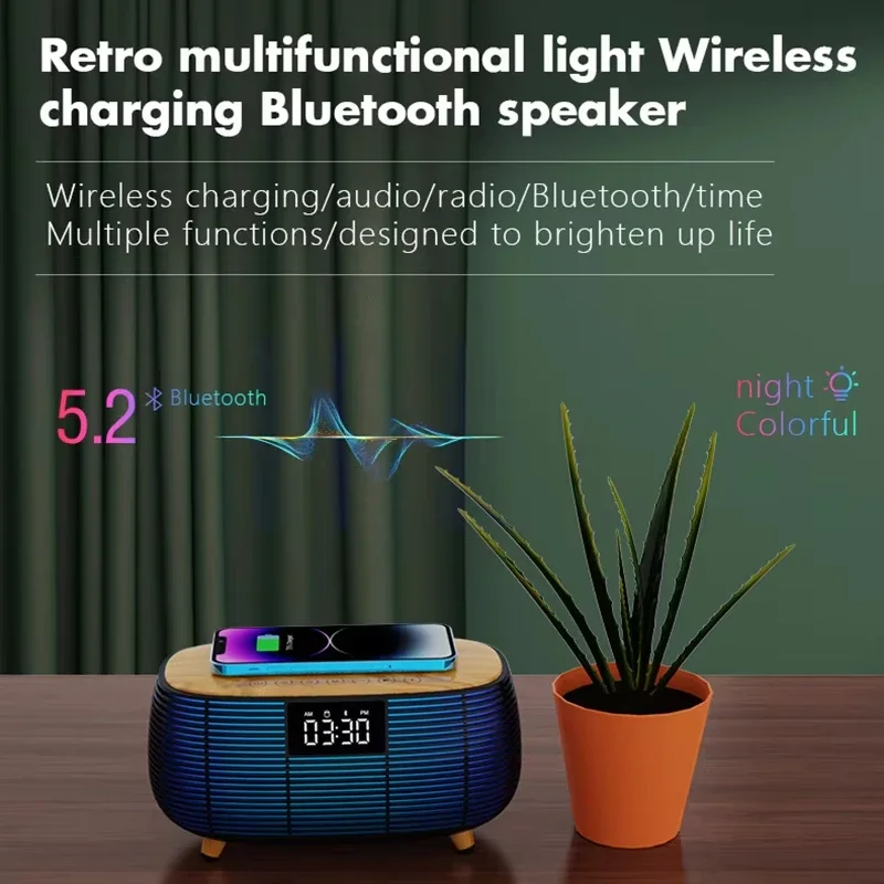 El más nuevo altavoz Bluetooth con luz LED de carga rápida inalámbrica de 15W iluminación RGB despertador caja de música para IPhone Samsung dormitorio