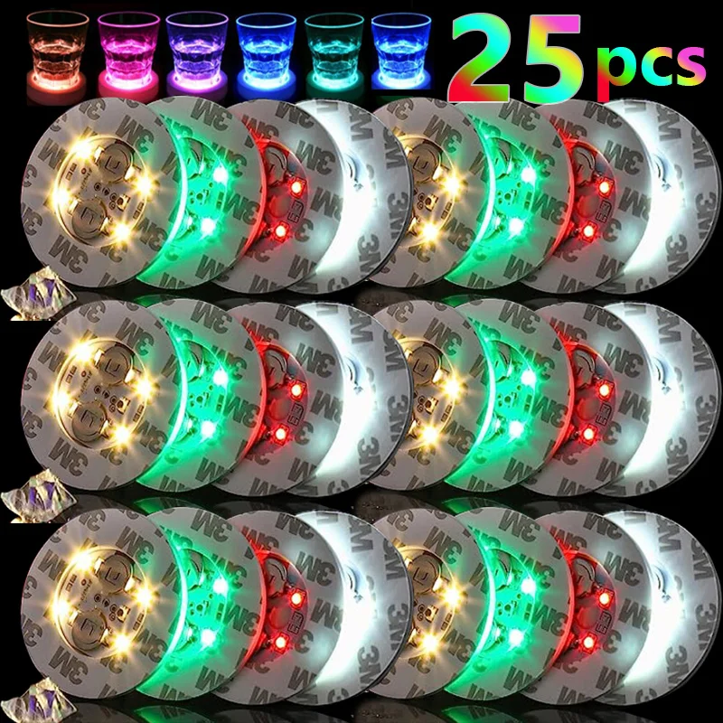 Posavasos LED de 25 piezas, 10 piezas, 2 piezas, luz Flash alimentada por batería, alfombrilla para Copa de vino, almohadilla adhesiva para botella, beber, Club, Bar, decoración de fiesta