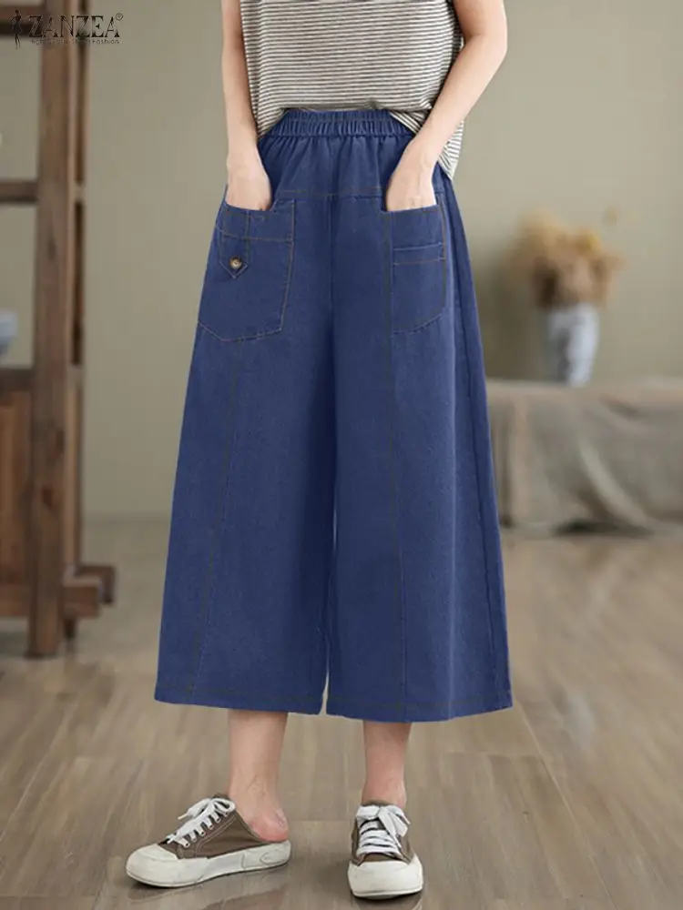 

Женские осенние брюки 2025 ZANZEA, женские капри, повседневные брюки с эластичной резинкой на талии, винтажные свободные широкие брюки, однотонные OL Work Palazzo