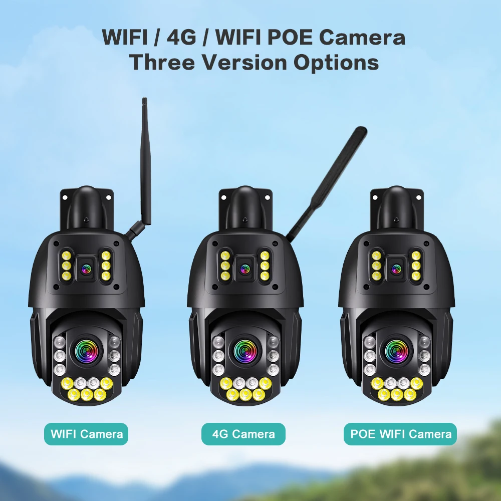 HD 4​K 8MP WIFI 4G POE Dual Lens Dual Screen 30X ZOOM Metal Housing 393ft IR Night Vision AI Auto Tracking PTZ Security Camera