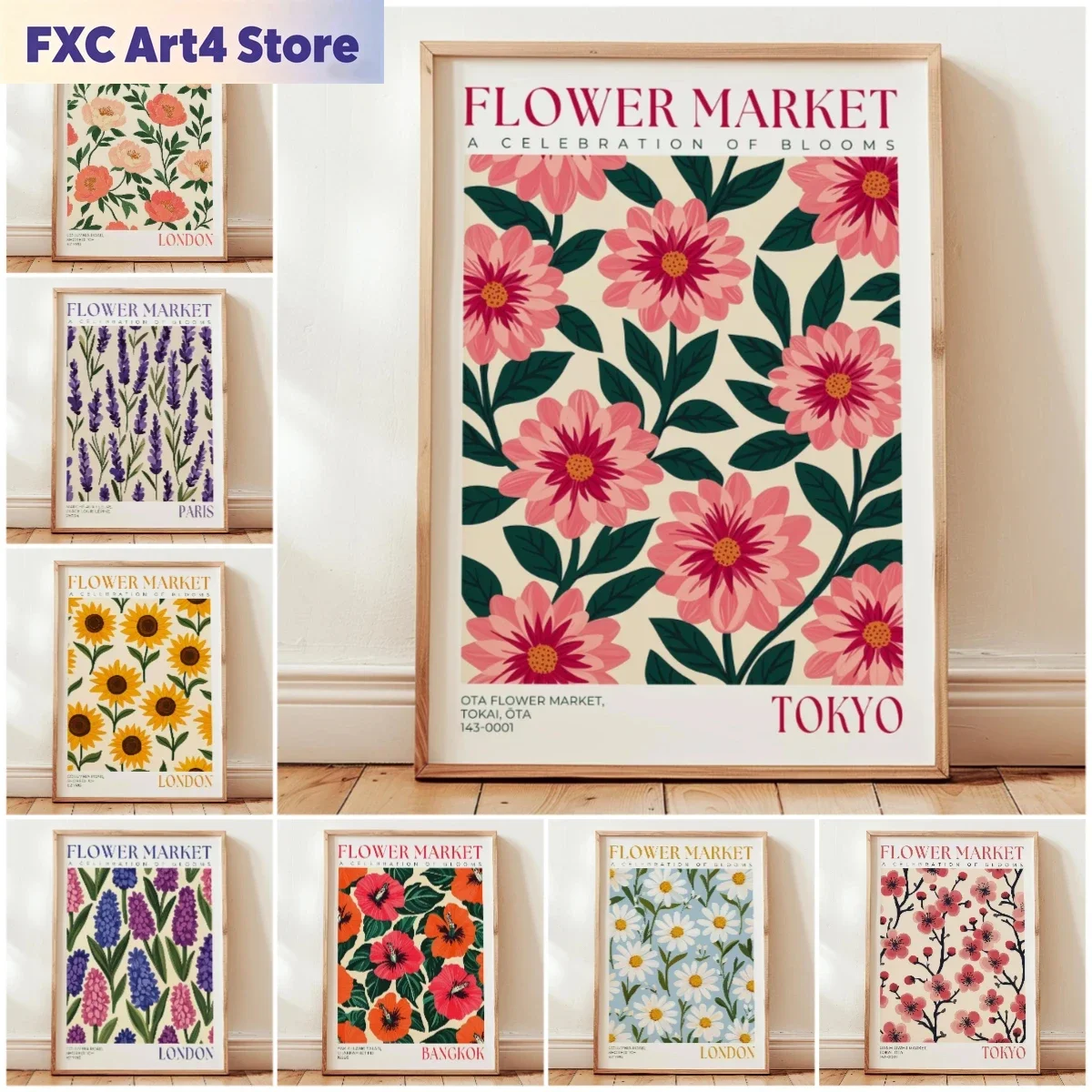 FramelessNordic Art Floral Abstract Flower Market Plant Exhibition Posters and Prints Canvas Print Wall Art Painting Home Room D