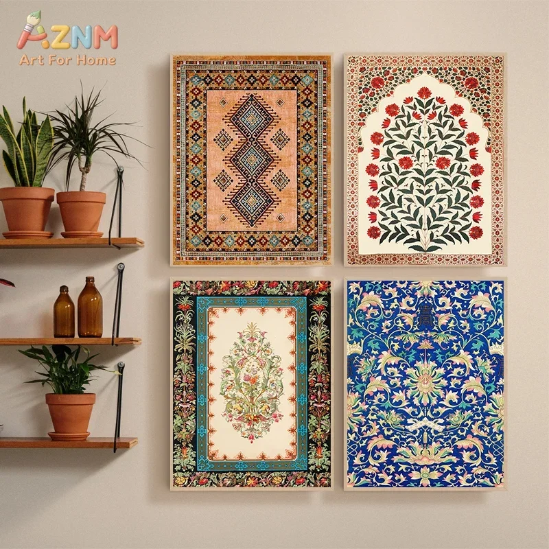 AZNM Vintage Oriental Rug Pattern Canvas Wall Art Bohemian Floral Ethnic Traditional Art Print Frameless Canvas Painting Living