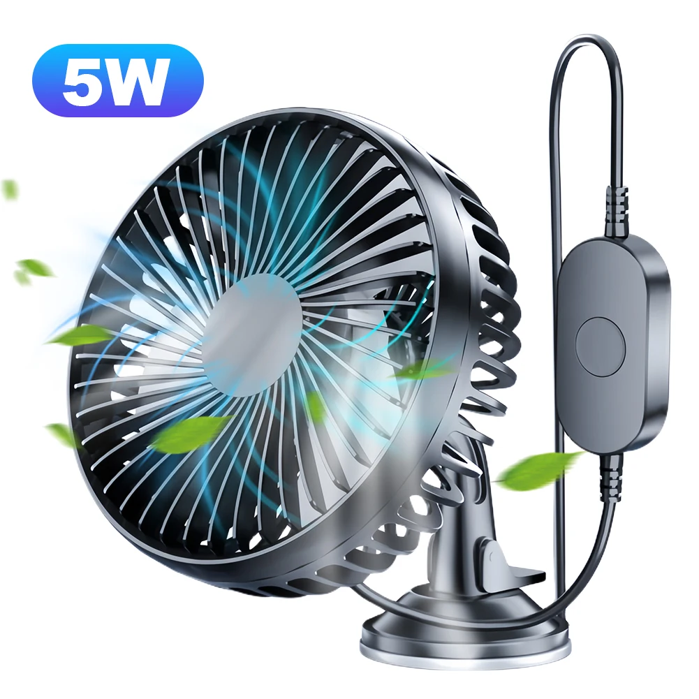 USB Car Dashboard Cooling Fan 12V/24V with Suction Cup Auto Cooler 360 Degree All-Round Car Air Fan for Vehicle Home Office